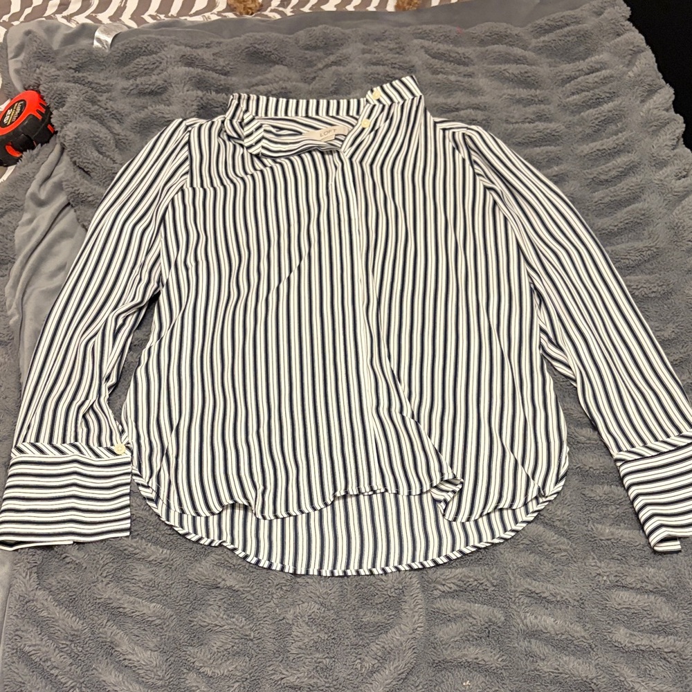 LOFT Black and White Striped Button Down Shirt